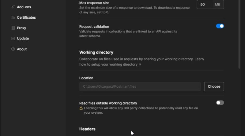 Settings from postman with option that is responsible for csv fetching from our OS